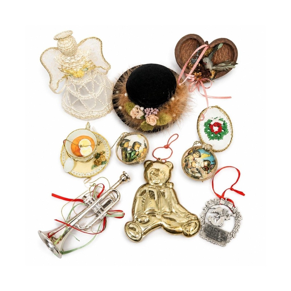 Lot of 10 Vintage Christmas Ornaments Victorian Gold Tone Bird Teapot Bear